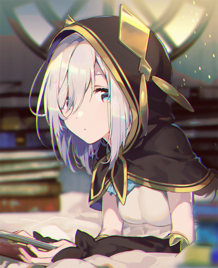 1girl, :o, ars_almal, bare_shoulders, bed, black_cape, blue_eyes, book