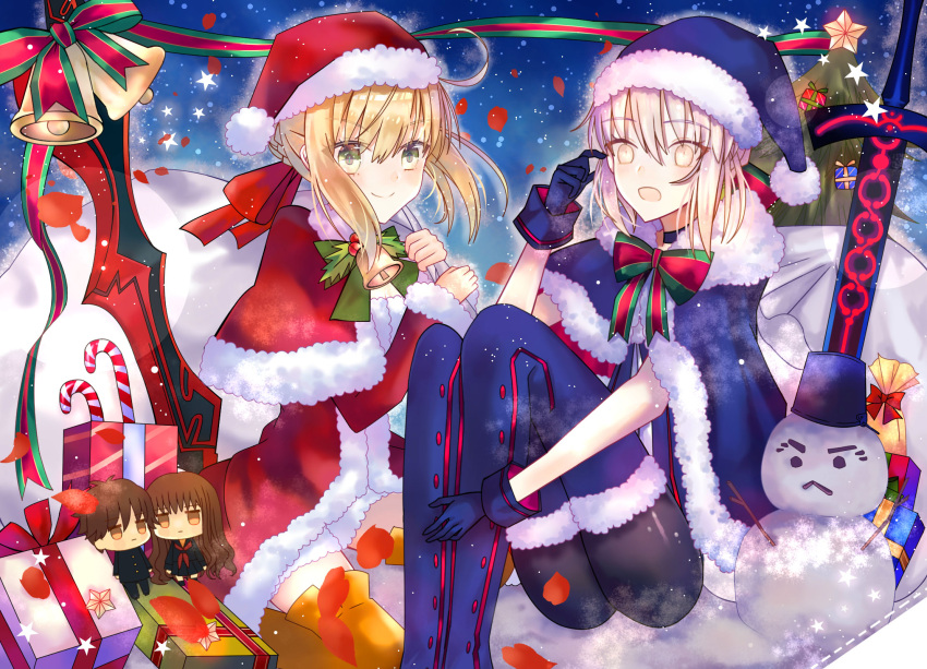 2girls, aoi_yugina, artoria_pendragon_(all), bag, black_legwear, blonde_hair, blue_cape, blue_footwear