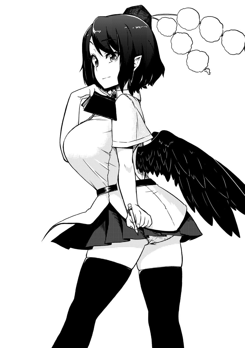 1girl, ass, belt, black_wings, book, breasts, collar, eyebrows_visible_through_hair