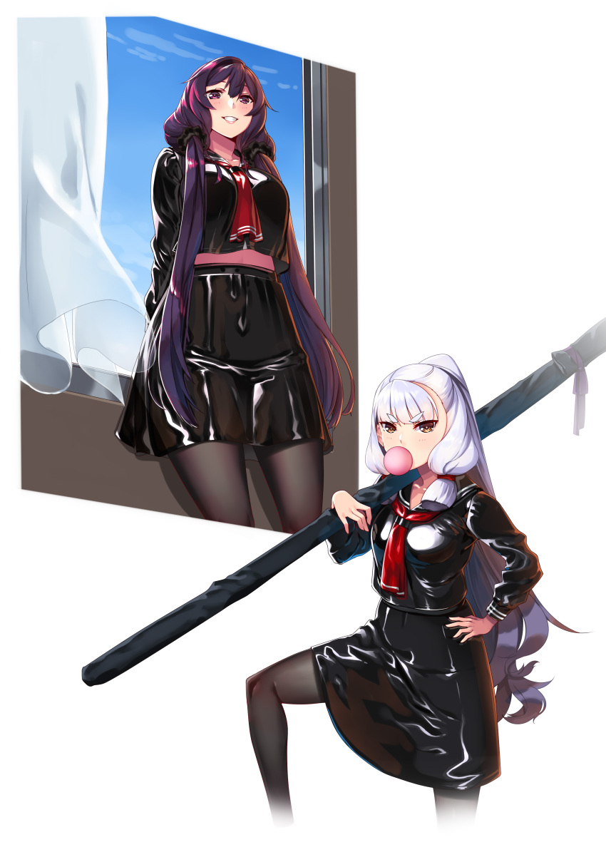 2girls, absurdres, alternate_costume, black_legwear, black_ribbon, blue_sky, blush, breasts