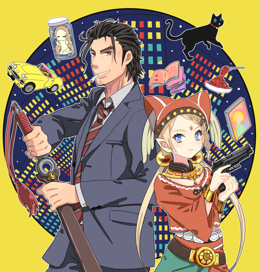 1boy, 1girl, absurdres, black_hair, blazer, blonde_hair, book, bottle