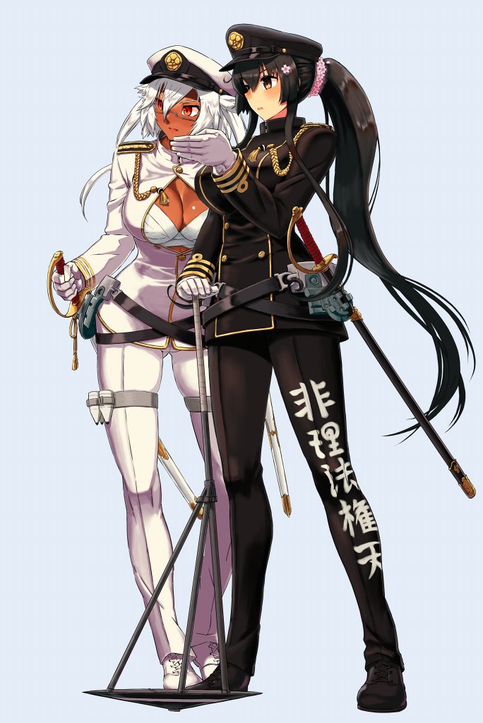 2girls, aiguillette, alternate_costume, blush, breasts, brown_hair, cleavage_cutout, commentary_request