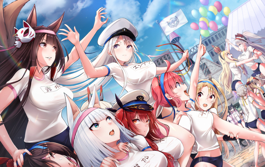 6+girls, ahoge, akagi_(azur_lane), akashi_(azur_lane), animal_ears, antenna_hair, atago_(azur_lane), azur_lane, bangs, beret, black_hair, black_ribbon, blonde_hair, blue_buruma, blue_eyes, blush, bow, braid, breasts, brown_hair, buruma, cat_ears, cleveland_(azur_lane), crown, enterprise_(azur_lane), extra_ears, eyebrows_visible_through_hair, floating_hair, flower, fox_ears, fox_tail, green_hair, gym_uniform, hair_between_eyes, hair_bow, hair_ears, hair_flaps, hair_flower, hair_ornament, hair_ribbon, hairband, hat, head_tilt, headgear, highres, honolulu_(azur_lane), javelin_(azur_lane), kaga_(kantai_collection), kibasen, large_breasts, long_hair, looking_at_viewer, maid_headdress, mappaninatta, mask, mask_on_head, mini_crown, multicolored_hair, multiple_girls, multiple_tails, name_tag, one_side_up, open_mouth, outdoors, parted_bangs, peaked_cap, ponytail, prinz_eugen_(azur_lane), purple_hair, queen_elizabeth_(azur_lane), red_eyes, redhead, ribbon, san_diego_(azur_lane), sheffield_(azur_lane), shirt, short_hair, short_sleeves, sidelocks, silver_hair, sky, sports_festival, streaked_hair, tail, takao_(azur_lane), twintails, two_side_up, very_long_hair, violet_eyes, warspite_(azur_lane), white_bow, white_shirt, z23_(azur_lane), zuikaku_(azur_lane)