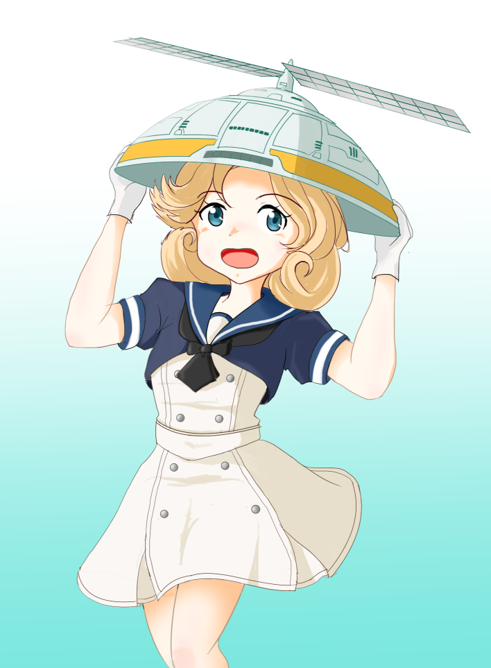 1girl, bangs, blonde_hair, blue_background, blue_eyes, blue_sailor_collar, commentary_request, cowboy_shot, dress, gloves, gradient, gradient_background, hat, janus_(kantai_collection), kantai_collection, looking_at_viewer, mirzanes, open_mouth, parted_bangs, propeller, sailor_collar, sailor_dress, sailor_hat, short_hair, short_sleeves, solo, white_dress, white_gloves, white_headwear
