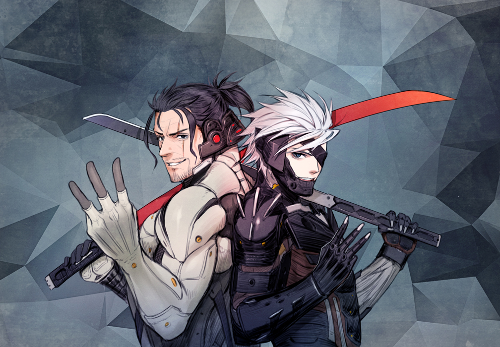 2boys, back-to-back, black_hair, blue_eyes, cyborg, eyepatch, holding, holding_sword