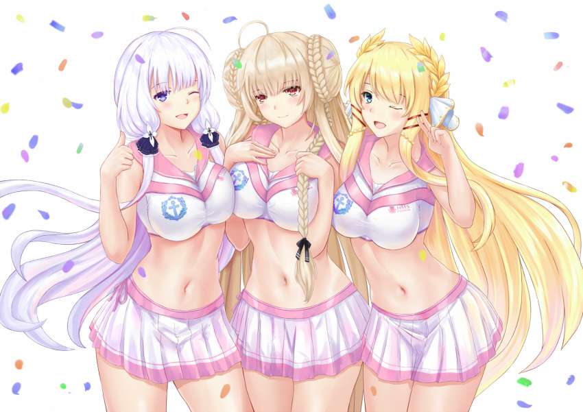 3girls, :d, ;d, ahoge, autumn, azur_lane, bare_arms, bare_shoulders