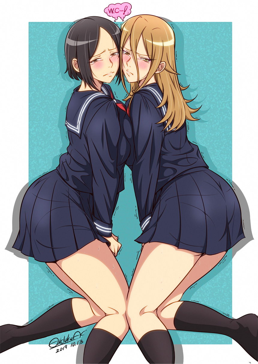 2girls, aina_rumika, black_hair, black_serafuku, blue_background, blush, brown_eyes, brown_hair, cheek-to-cheek, cosplay, danberu_nan_kiro_moteru?, dated, feet_out_of_frame, highres, kneehighs, kneeling, long_hair, looking_at_viewer, multiple_girls, school_uniform, serafuku, short_hair, signature, simple_background, tachibana_satomi, teacher, thought_bubble, user_nuur5827