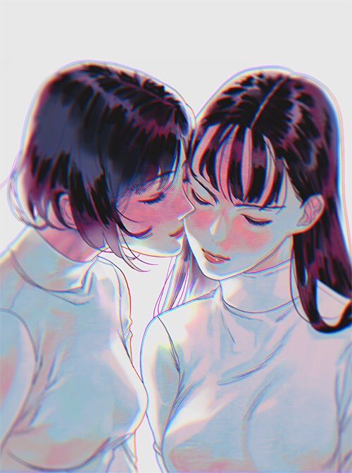 2girls, brown_hair, cheek_kiss, closed, eyebrows_visible_through_hair, eyes, kiss, long_hair, multiple_girls, original, qt1_jo, short_hair, yuri