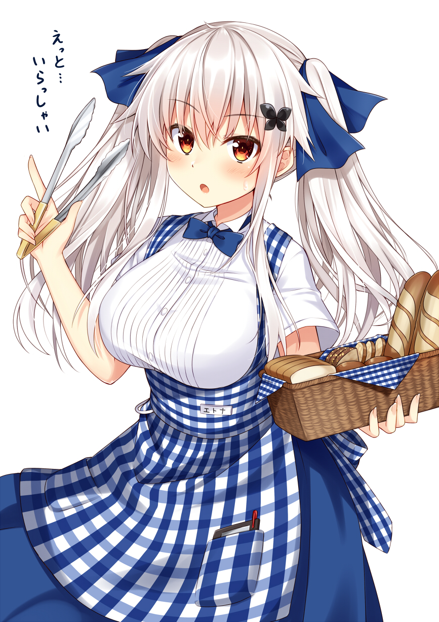 1girl, :o, apron, baguette, basket, blue_apron, blue_neckwear, blue_ribbon, blue_sky, blush, bow, bowtie, bread, breasts, butterfly_hair_ornament, commentary_request, dress_shirt, employee_uniform, etna_(kuzuyu), food, gingham_apron, hair_ornament, hair_ribbon, hand_up, highres, holding, holding_basket, kobeya, komori_kuzuyu, koubeya_uniform, large_breasts, long_hair, looking_at_viewer, original, parted_lips, red_eyes, ribbon, shirt, short_sleeves, simple_background, sky, solo, sweat, tongs, translated, twilight, uniform, waitress, white_background, white_hair, white_shirt
