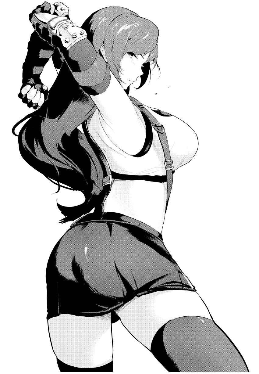 1girl, absurdres, armpits, arms_behind_head, bangs, black_skirt, breasts, closed_mouth