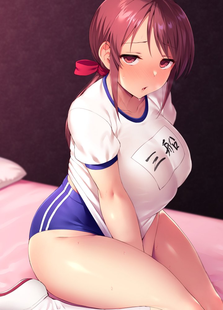 1girl, bangs, bed, bed_sheet, bedroom, bloomers, blush, breasts