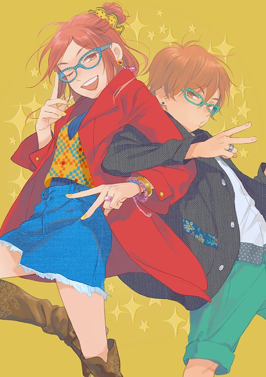 1boy, 1girl, ;d, back-to-back, bare_legs, bespectacled, black_jacket, blue-framed_eyewear