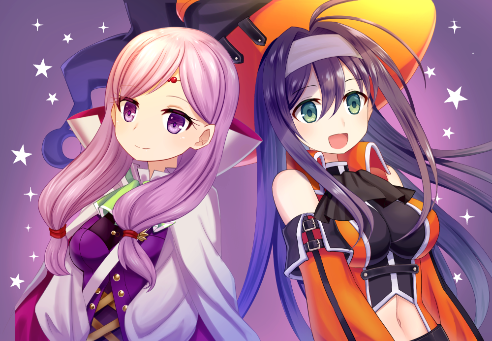 2girls, :d, bangs, bare_shoulders, blue_hair, breasts, cape, circlet