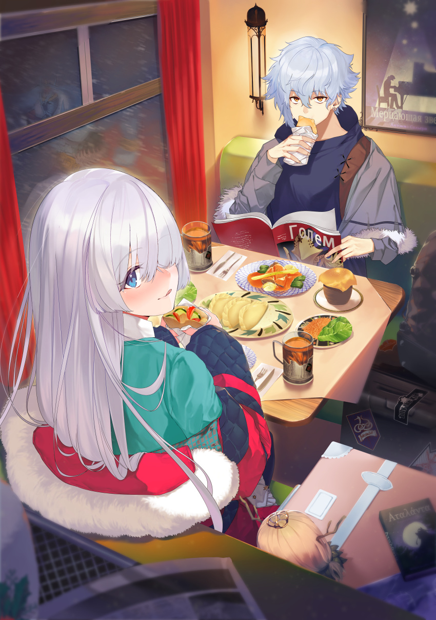 1girl, 2boys, :q, absurdres, anastasia_(fate/grand_order), avicebron_(fate), bangs, blue_eyes