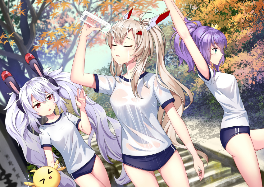 3girls, alternate_costume, autumn_leaves, ayanami_(azur_lane), azur_lane, bangs, bare_thighs, blue_buruma