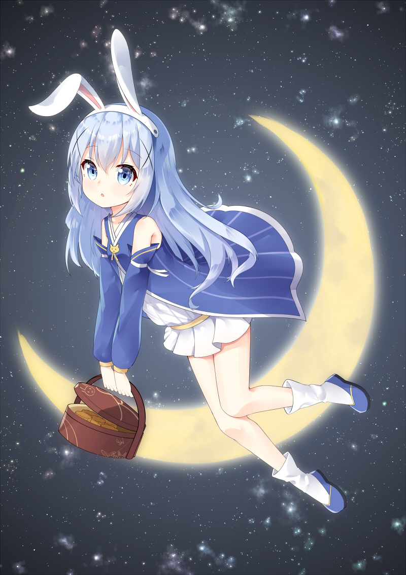 1girl, :o, animal_ears, bangs, bare_shoulders, blue_eyes, blue_footwear, blue_hair