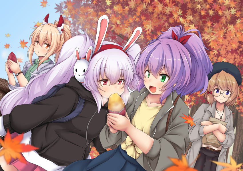 4girls, :d, alternate_costume, autumn_leaves, ayanami_(azur_lane), azur_lane, beret, black_legwear, brown_hair, casual, collarbone, commentary_request, contemporary, earmuffs, eating, eris_120, food, glasses, green_eyes, hairband, hat, headgear, highres, holding, hood, hooded_sweater, javelin_(azur_lane), jewelry, laffey_(azur_lane), leaf, light_brown_hair, long_hair, looking_at_viewer, maple_leaf, multiple_girls, necklace, open_mouth, orange_eyes, pleated_skirt, ponytail, purple_hair, red_eyes, short_hair, silver_hair, skirt, smile, sweater, sweet_potato, twintails, violet_eyes, watch, watch, z23_(azur_lane)