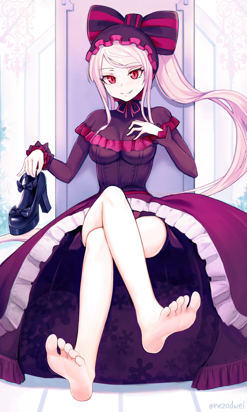 1girl, absurdres, bow, closed_mouth, dress, fang, feet, frilled_dress