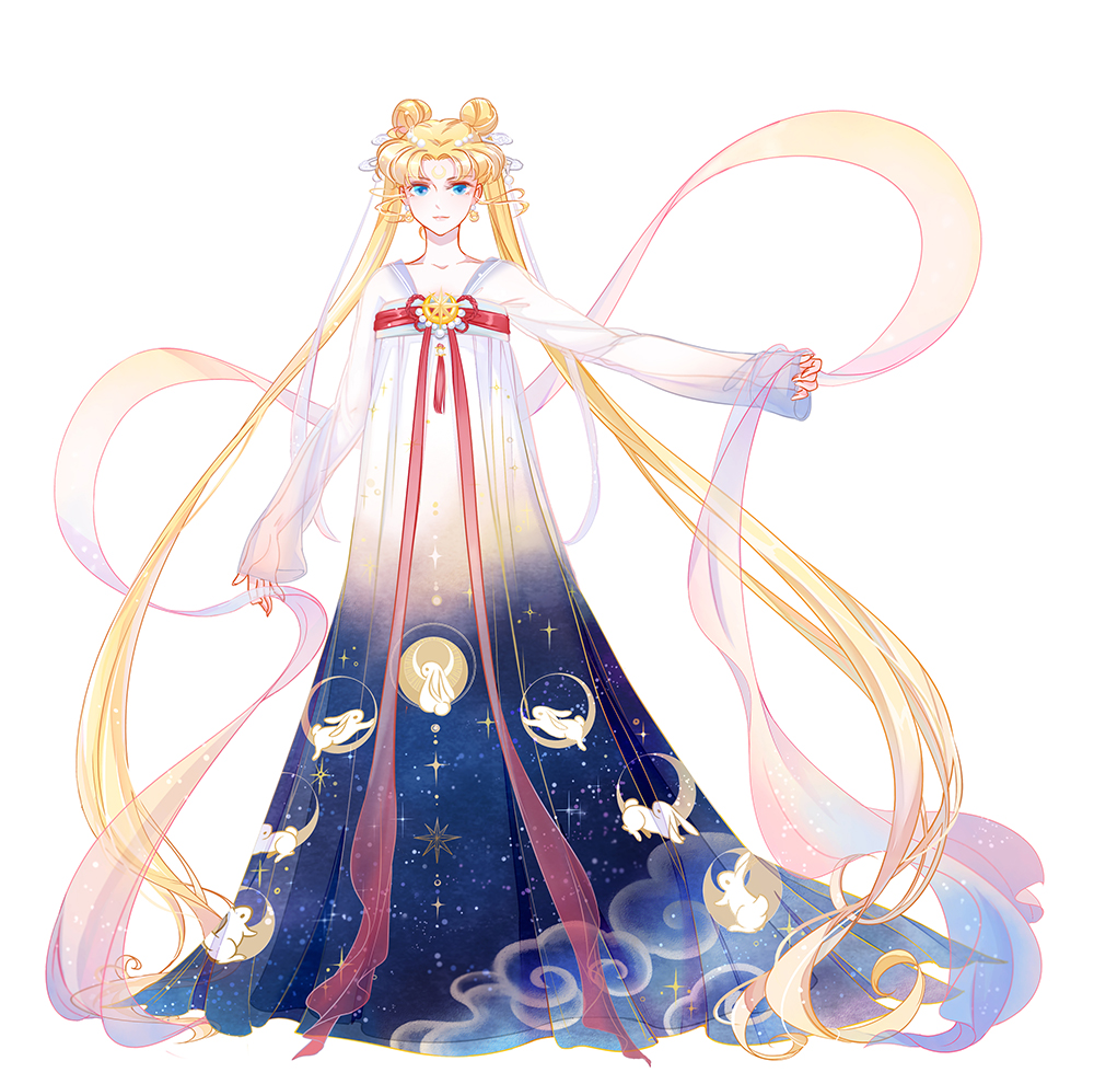 1girl, alternate_costume, animal_print, bishoujo_senshi_sailor_moon, blue_eyes, chinese_clothes, expressionless, full_body, hanfu, lips, long_hair, looking_at_viewer, namesake, rabbit, riku_(lingsky), see-through, see-through_sleeves, simple_background, solo, tsukino_usagi, very_long_hair, white_background