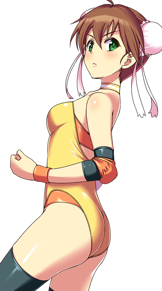 1girl, :<, ass, back, blush, breasts, brown_hair, bun_cover