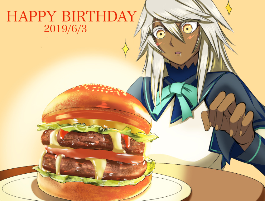 1girl, blush, dark_skin, dated, drooling, eyebrows_visible_through_hair, food, guilty_gear, guilty_gear_xrd, hair_between_eyes, hamburger, happy_birthday, highres, long_hair, open_mouth, orange_eyes, ramlethal_valentine, ribbon, solo, user_txts7457, white_hair