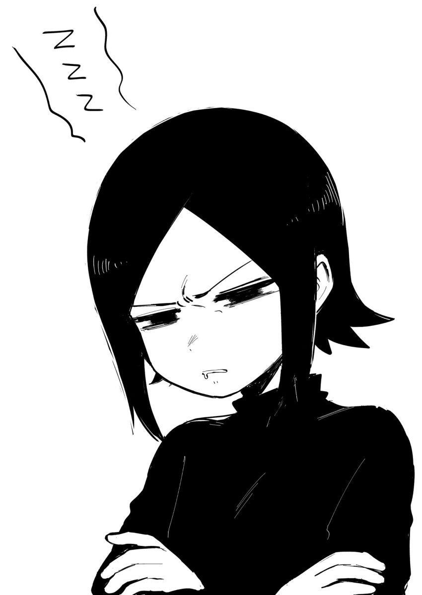 1girl, anemanta_(character), bangs, black_hair, black_sweater, clenched_teeth, commentary, crossed_arms