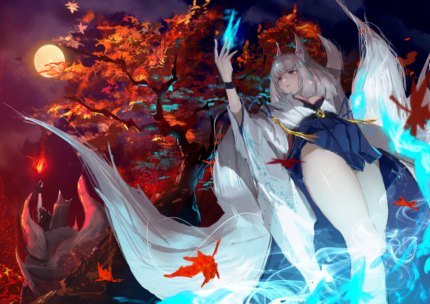 2girls, absurdres, akagi_(azur_lane), animal_ears, arm_up, autumn_leaves, azur_lane, bangs