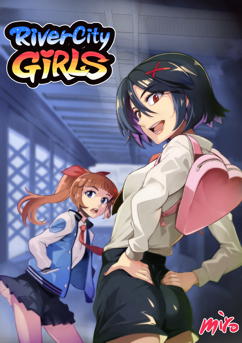 2girls, ass, bag, bangs, black_hair, black_shorts, blue_eyes, blunt_bangs, bow, hair_bow, hair_ornament, hands_in_pockets, hands_on_own_ass, heart, jacket, kyoko_(kunio-kun), letterman_jacket, long_hair, long_sleeves, looking_back, misako_(kunio-kun), miyo_(13th_floor), multiple_girls, necktie, nekketsu_kouha_kunio-kun, open_mouth, orange_hair, pink_bag, pleated_skirt, ponytail, red_eyes, red_neckwear, river_city_girls, school_uniform, shorts, skirt, smile, x_hair_ornament