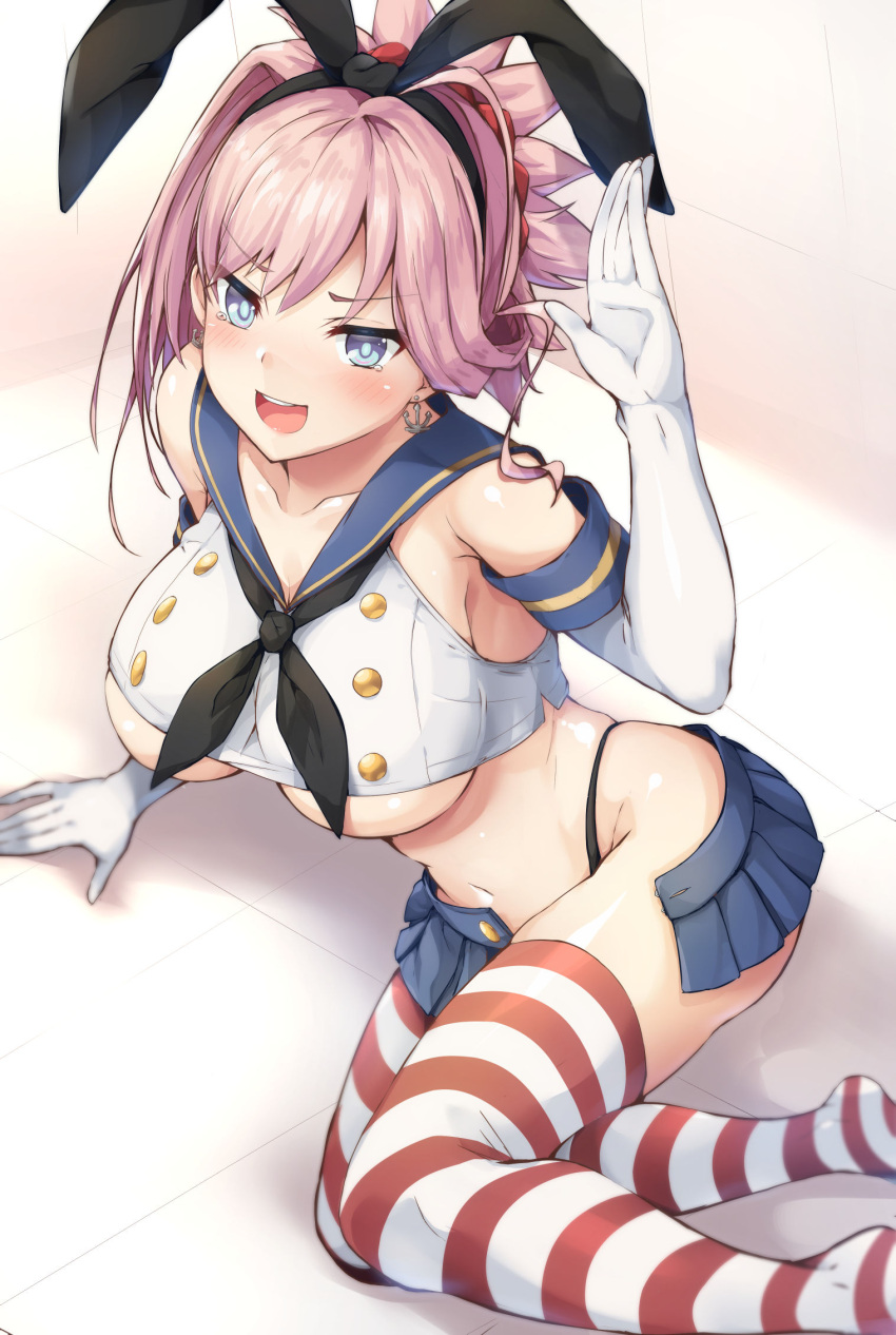1girl, anchor, anchor_earrings, asymmetrical_hair, bangs, black_neckwear, black_panties, blue_eyes