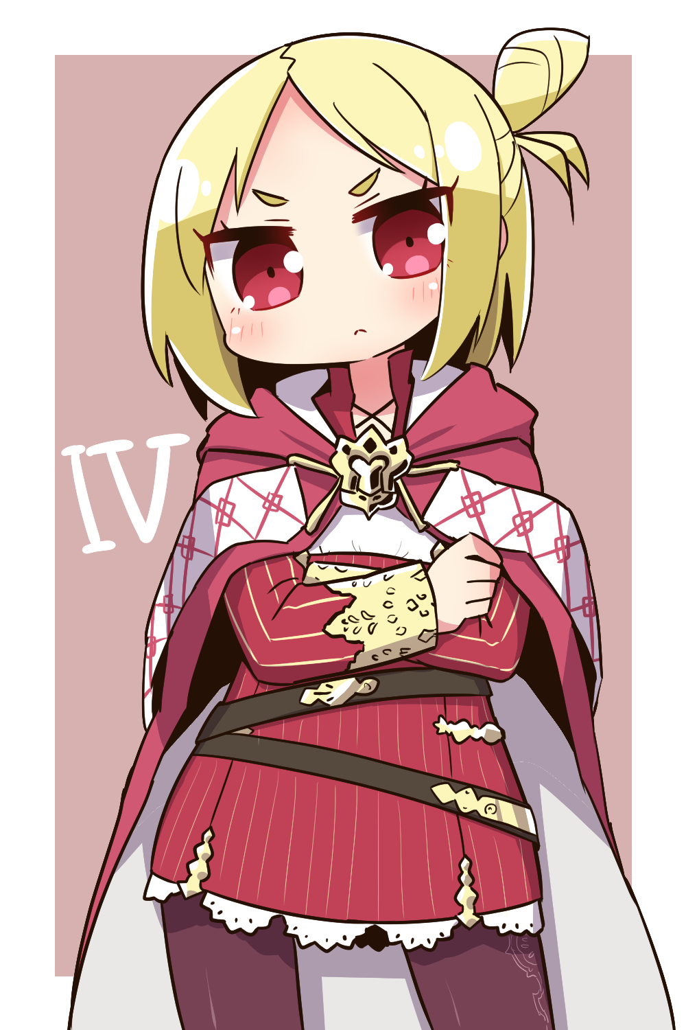1girl, 7th_dragon_(series), 7th_dragon_iii, bangs, blonde_hair, blush, brown_background, brown_legwear