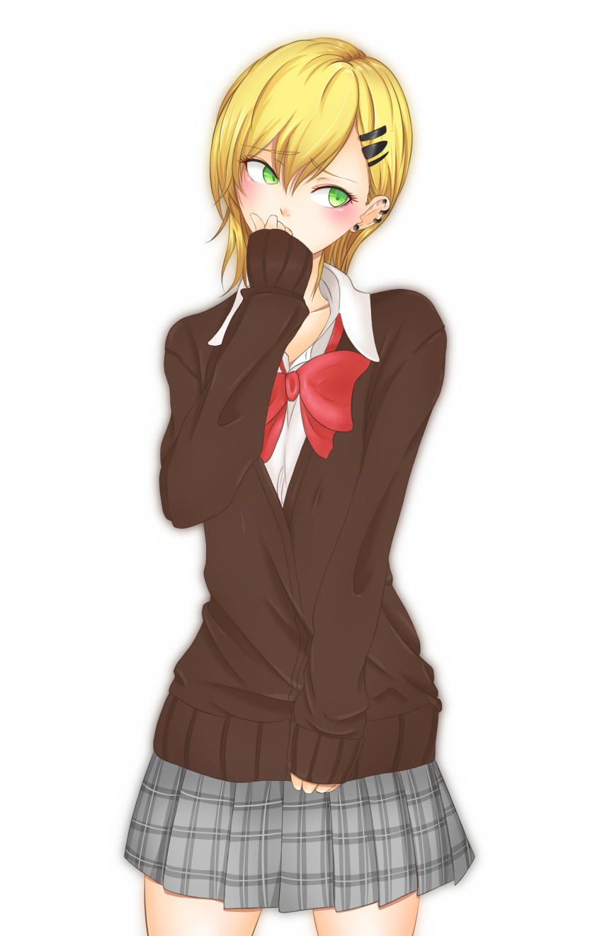 1girl, absurdres, blonde_hair, blush, bow, brown_sweater, ear_clip, green_eyes, green_skirt, hair_ornament, hairclip, hand_up, highres, houkago_saikoro_club, kana_kinoko, kurosaki_nao, long_sleeves, piercing, plaid, plaid_skirt, red_bow, short_hair, sideways_glance, simple_background, skirt, sleeves_past_wrists, solo, standing, sweater, white_background