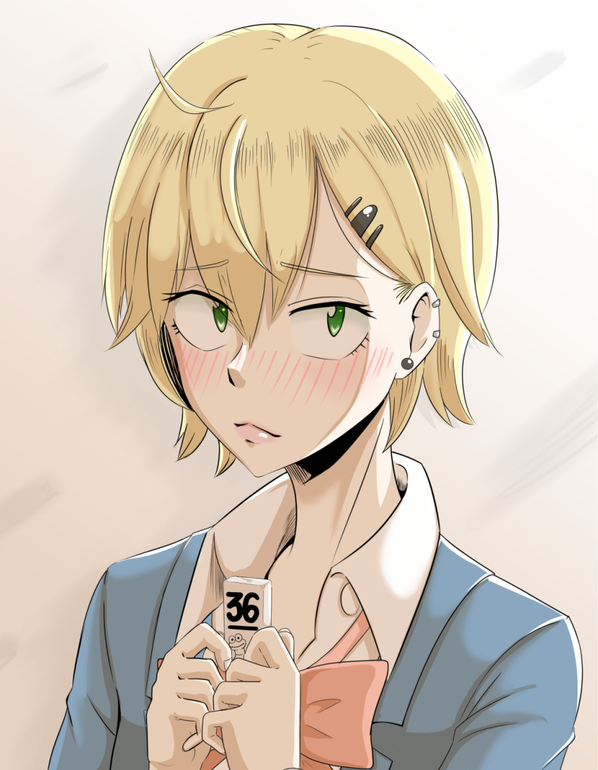 1girl, blonde_hair, blush, bow, ear_clip, earrings, green_eyes, hair_ornament, hairclip, hands_up, heckmeck, highres, houkago_saikoro_club, jewelry, kurosaki_nao, looking_at_viewer, ogasawaragame, pink_bow, school_uniform, short_hair, simple_background, solo, upper_body