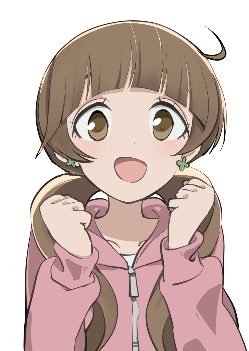 1girl, bangs, blunt_bangs, brown_hair, clenched_hand, clover_earrings, hands_up, highres