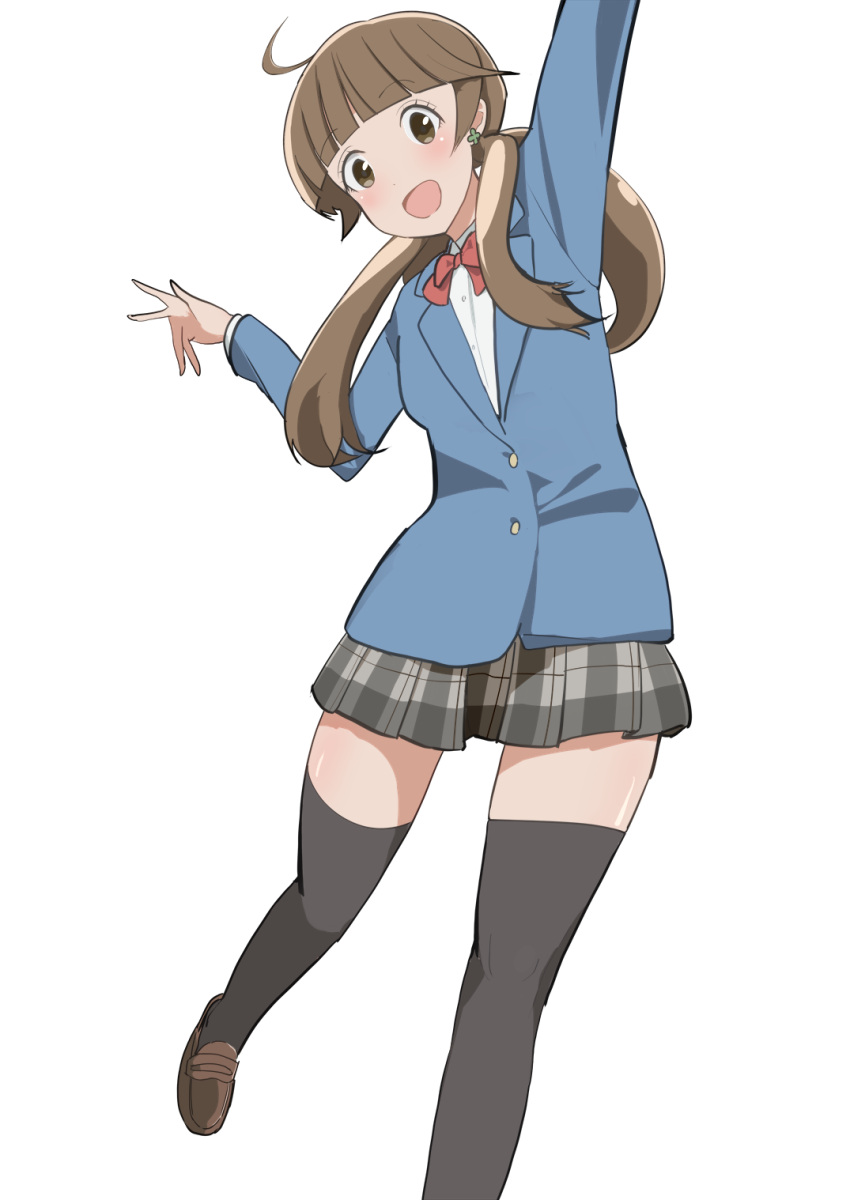 1girl, ahoge, arm_up, bangs, black_legwear, black_skirt, blunt_bangs, bow