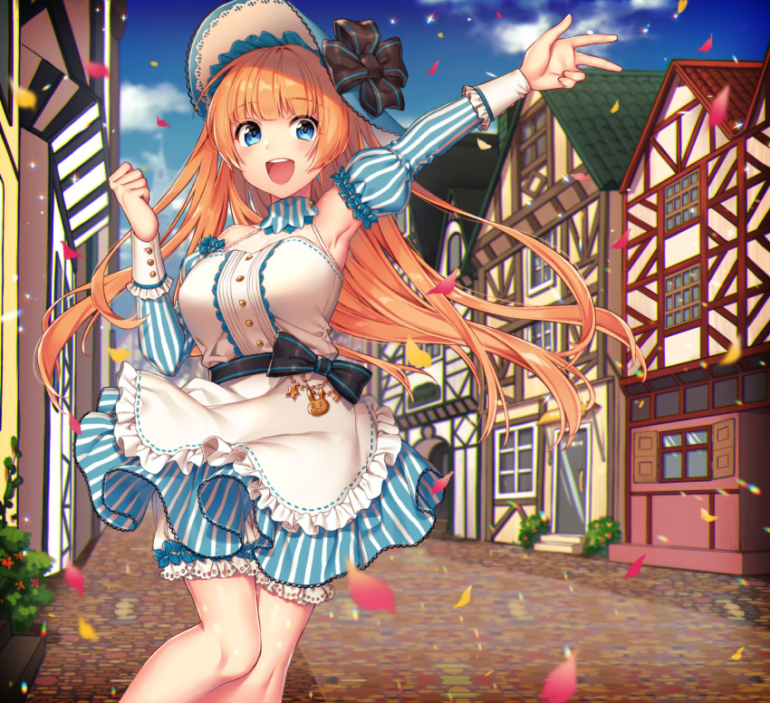 1girl, :d, album_cover, apron, bangs, bare_shoulders, black_bow, bloomers, blue_eyes, blue_flower, blue_headwear, blue_skirt, blue_sky, blush, bow, breasts, brown_hair, clouds, commentary_request, cover, day, detached_sleeves, eyebrows_visible_through_hair, flower, frilled_apron, frills, hat, highres, house, juliet_sleeves, kayase, long_hair, long_sleeves, medium_breasts, open_mouth, original, outdoors, outstretched_arm, petals, puffy_sleeves, round_teeth, shirt, skirt, sky, smile, solo, striped, striped_sleeves, teeth, underwear, upper_teeth, vertical-striped_skirt, vertical_stripes, very_long_hair, waist_apron, white_apron, white_bloomers, white_shirt