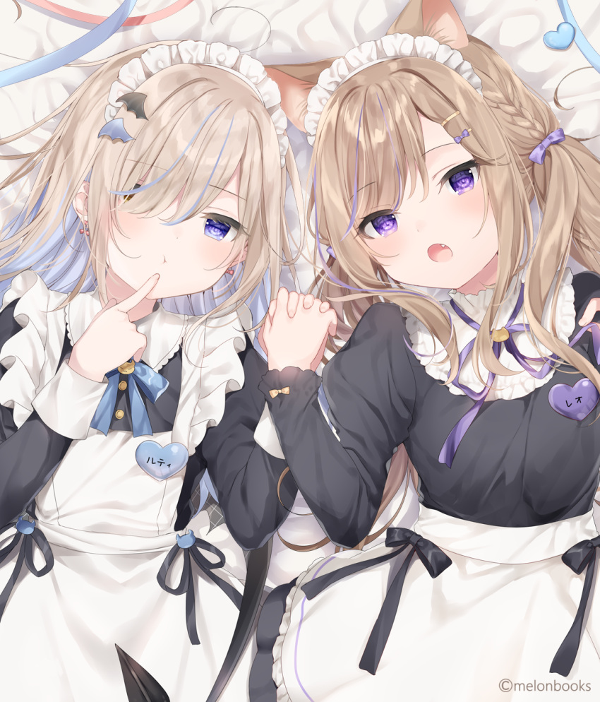 2girls, :o, :t, ahoge, animal_ear_fluff, animal_ears, apron, bangs