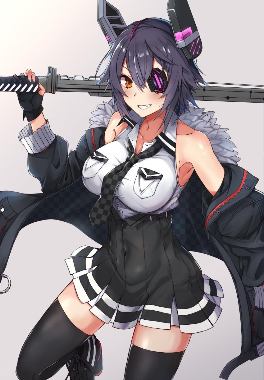 1girl, black_gloves, black_jacket, black_legwear, black_skirt, breasts, checkered, checkered_neckwear