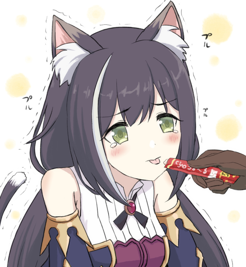 1girl, animal_ear_fluff, animal_ears, bangs, bare_shoulders, black_hair, black_sleeves, blush