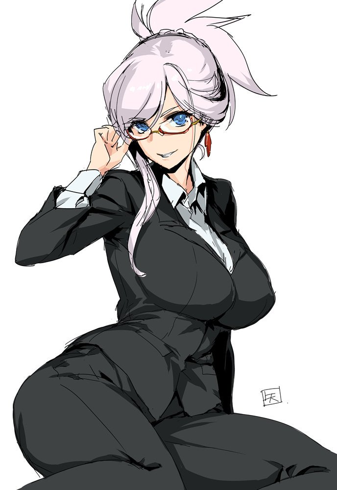 1girl, adjusting_eyewear, asymmetrical_hair, bangs, blue_eyes, breasts, earrings, fate/grand_order, fate_(series), formal, glasses, grin, hair_ornament, jewelry, large_breasts, long_hair, long_sleeves, looking_at_viewer, miyamoto_musashi_(fate/grand_order), pink_hair, ponytail, simple_background, smile, solo, suit, swept_bangs, tooya_daisuke, white_background