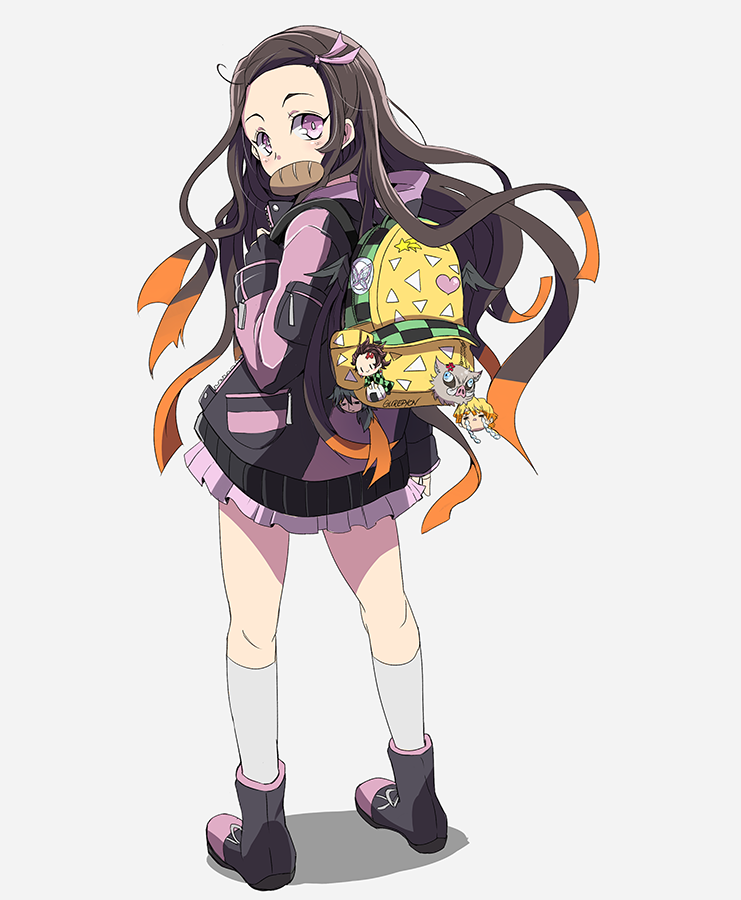 1girl, bag, black_hair, black_jacket, bread, brown_hair, commentary, food