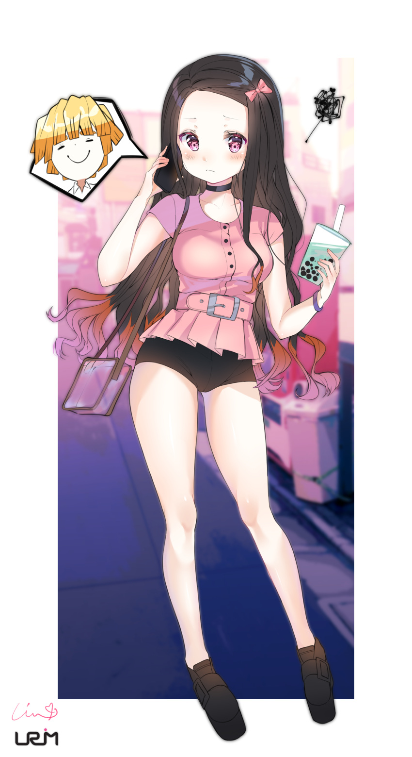 1boy, 1girl, absurdres, belt, black_hair, blonde_hair, bow, brown_hair