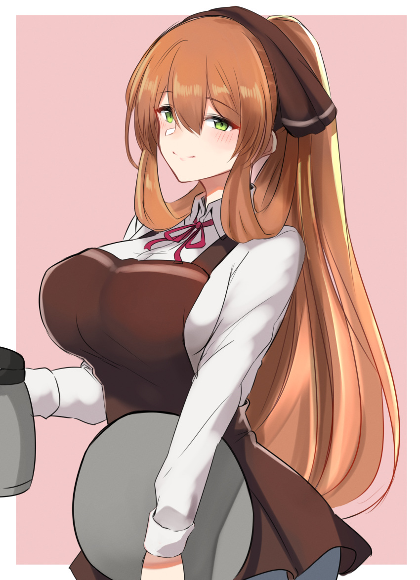 10eki_(tenchou), 1girl, absurdres, alternate_costume, apron, bangs, blush, breasts