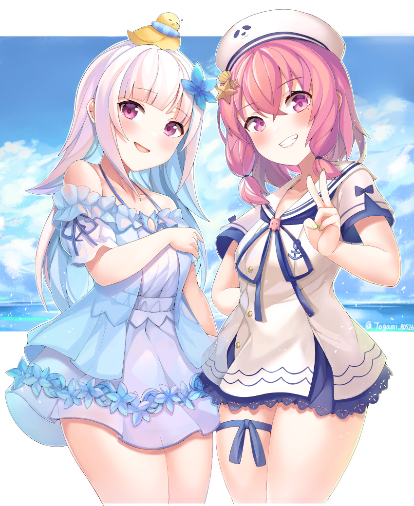 2girls, absurdres, anchor_symbol, blue_flower, blue_hair, blue_jacket, blue_sky, blush
