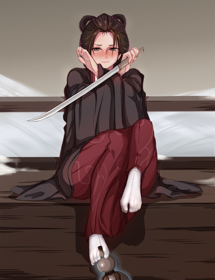 1girl, absurdres, between_toes, biting, brown_hair, commentary_request, emma_the_gentle_blade, foot_hold