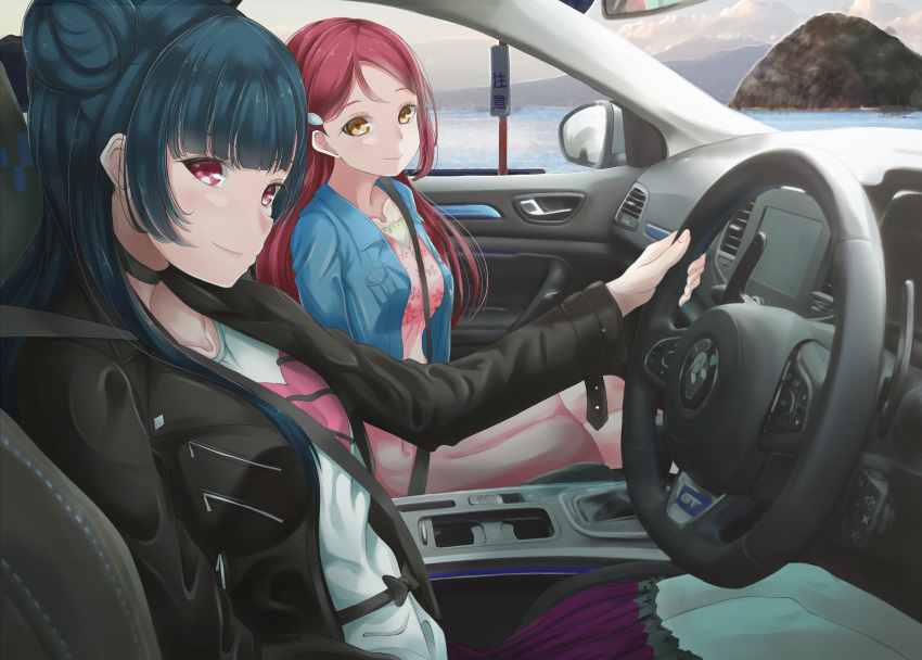 2girls, absurdres, car, car_interior, check_commentary, commentary, commentary_request, ground_vehicle, highres, long_hair, love_live!, love_live!_sunshine!!, motor_vehicle, multiple_girls, nanao_(m44132yf), ocean, product_placement, renault, renault_glasses, road_sign, sakurauchi_riko, side_bun, sign, tsushima_yoshiko