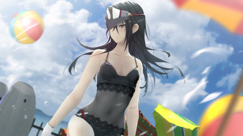 1girl, ball, beach, beachball, bikini, cloud, highres, meleph_(xenoblade), moe, monolith_soft, monster_games, nintendo, outdoors, sculp2, sky, solo, splashing, summer, sweatdrop, swimsuit, tagme, umbrella, wet, xenoblade_(series), xenoblade_2