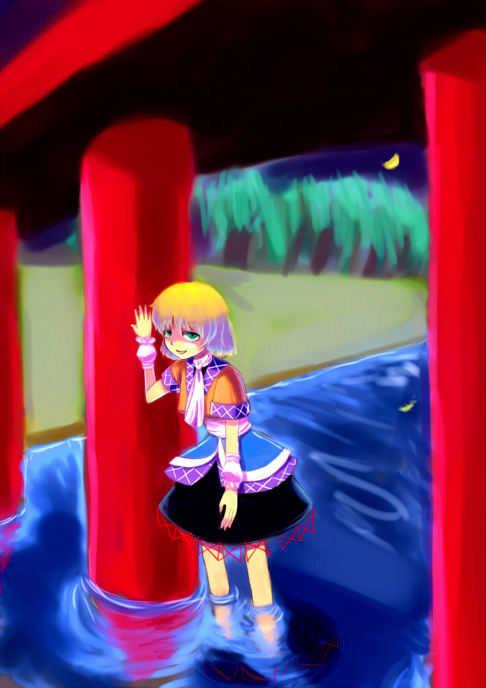 bridge, green_eyes, mizuhashi_parsee, rebanira, short_hair, torii, touhou, water