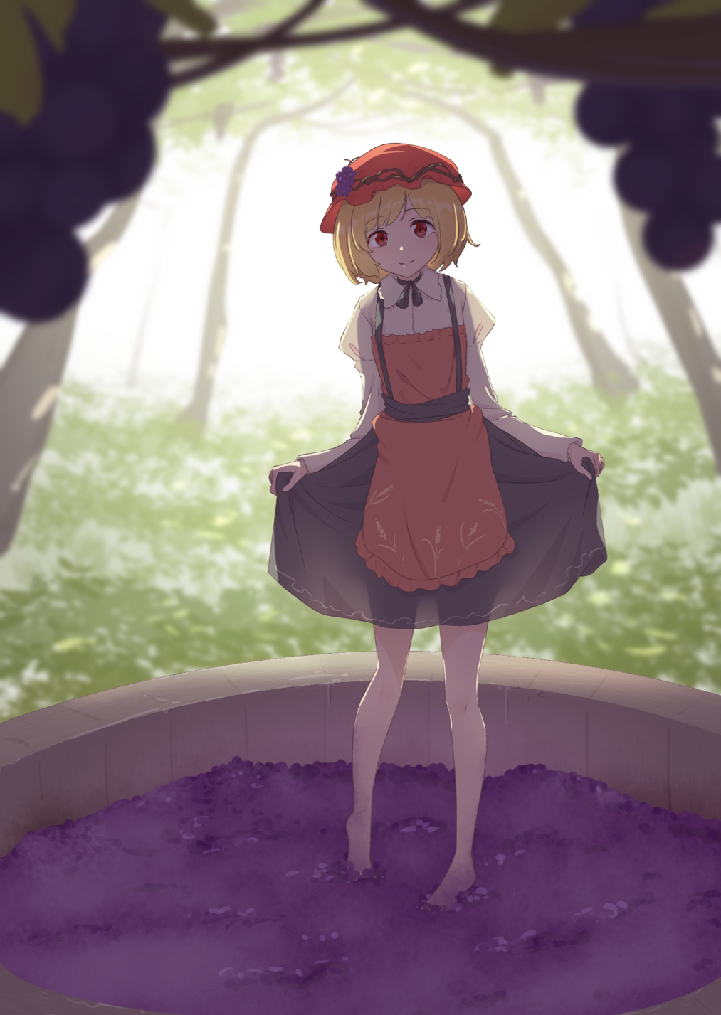 1girl, aki_minoriko, apron, backlighting, bangs, barefoot, black_neckwear, black_skirt
