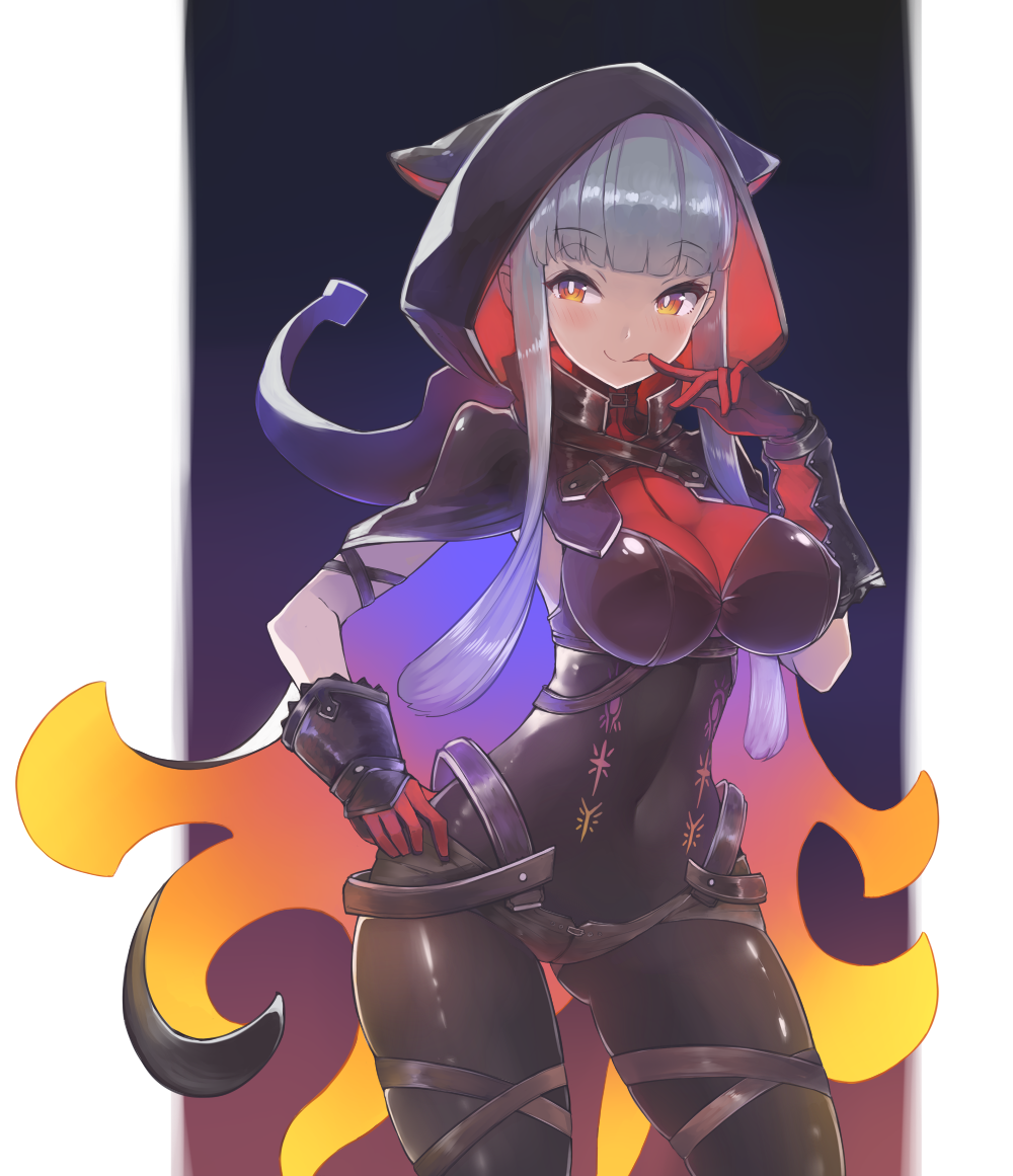 1girl, bangs, belt, black_shorts, bodystocking, boots, breasts, cape, choker, covered_navel, cross-laced_clothes, eyebrows_visible_through_hair, eyes_visible_through_hair, finger_to_mouth, gloves, glowing, hood, knee_boots, licking_lips, long_hair, looking_at_viewer, monster_hunter, monster_hunter:_world, multicolored, multicolored_clothes, namielle_(armor), navel, see-through, short_shorts, shorts, sidelocks, silver_hair, simple_background, smile, solo, tongue, tongue_out, yellow_eyes, yuzuruka_(bougainvillea)