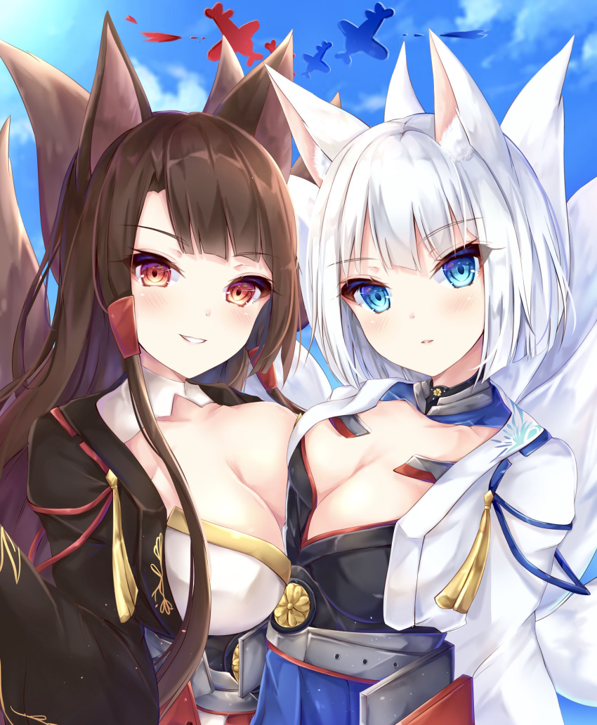 2girls, absurdres, akagi_(azur_lane), animal_ears, azur_lane, bangs, black_kimono, blue_eyes, blunt_bangs, breasts, brown_hair, eyeliner, eyeshadow, fox_ears, fox_girl, fox_tail, highres, japanese_clothes, kaga_(azur_lane), kckckc0_0, kimono, long_hair, makeup, multiple_girls, multiple_tails, red_eyes, short_hair, tail, white_hair, white_kimono